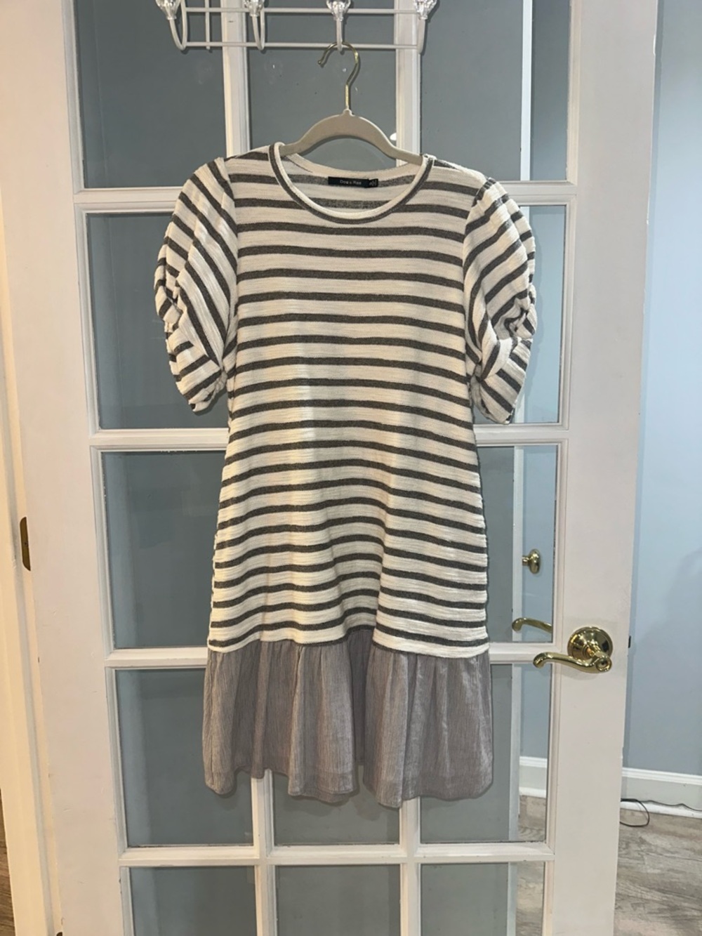 doe & Rae Womens Mixed Media Peplum Round Neck Twist Puff Sleeve Lined Dress S